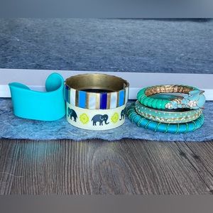 Lot Of 6 Blue Green Enamel elephant Brass Lucite Mix Materials Bangle Bracelets